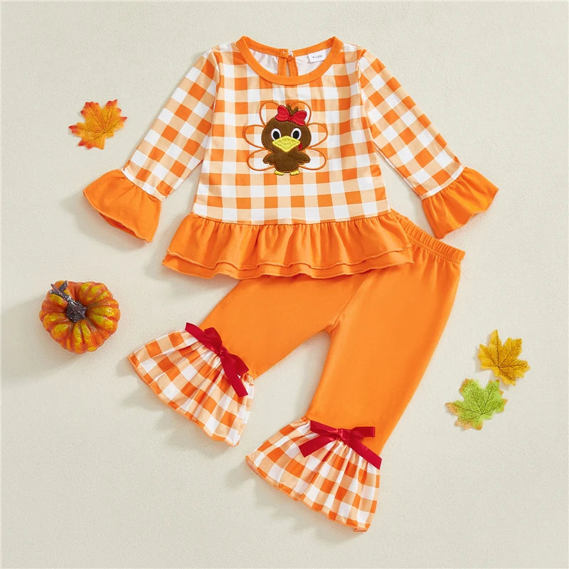 Toddler Girls Thanksgiving Clothes Sets Long Sleeve O Neck Turkey Embroidery Tops Flared Pants Sets Children Clothing