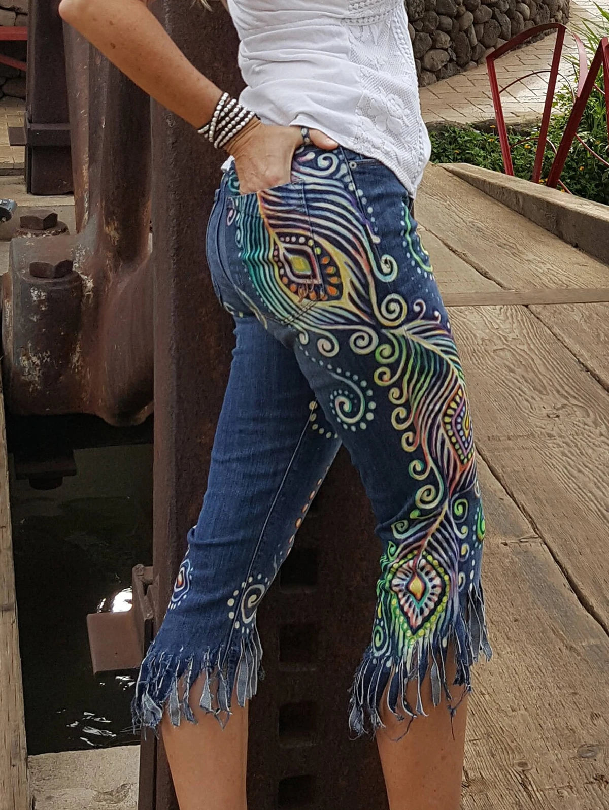 Ladies Cropped Jeans, Skinny High Waist Boho Peacock Feather Pattern Denim Fringed . Sz S-3xl