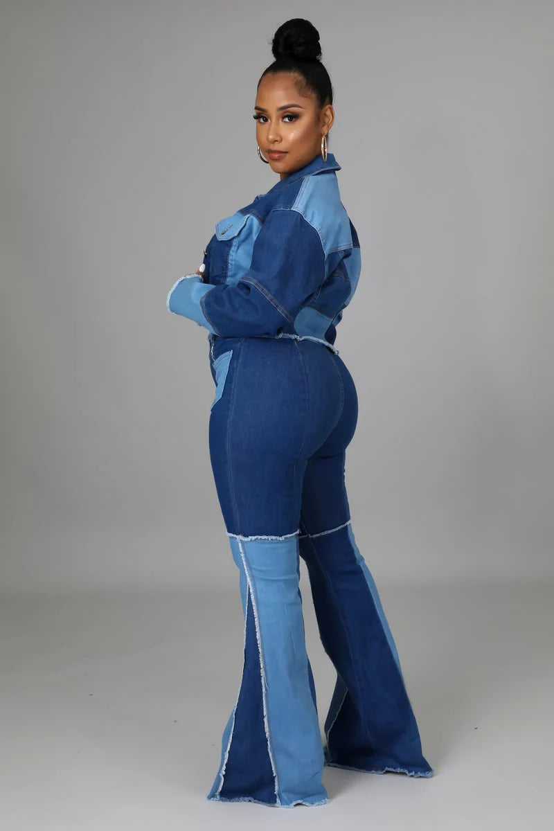 Women's Matching Set Denim Patchwork Vintage Short Jacket and Flare Pant Two Piece Set Outfit Autumn Casual Y2K Fashion Sets. S-5x