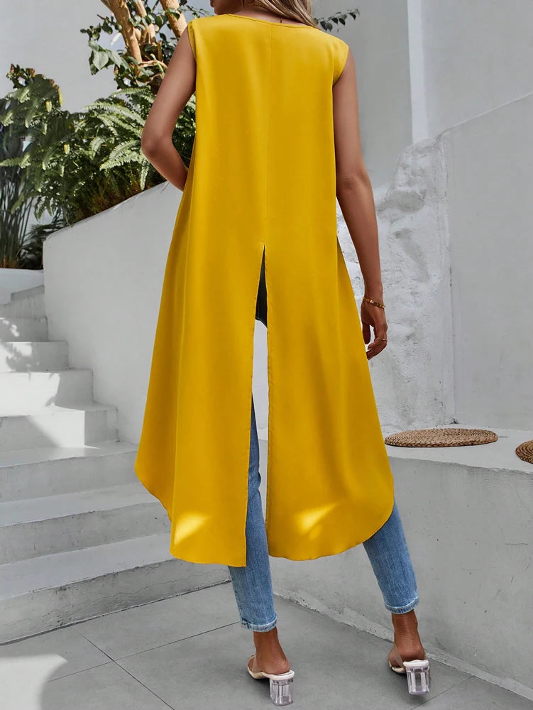 Plus Size Women's 2025 Summer New Wrap Edge Sleeveless High Low Hem Tank Top V Neck Solid Colour Stylish Top