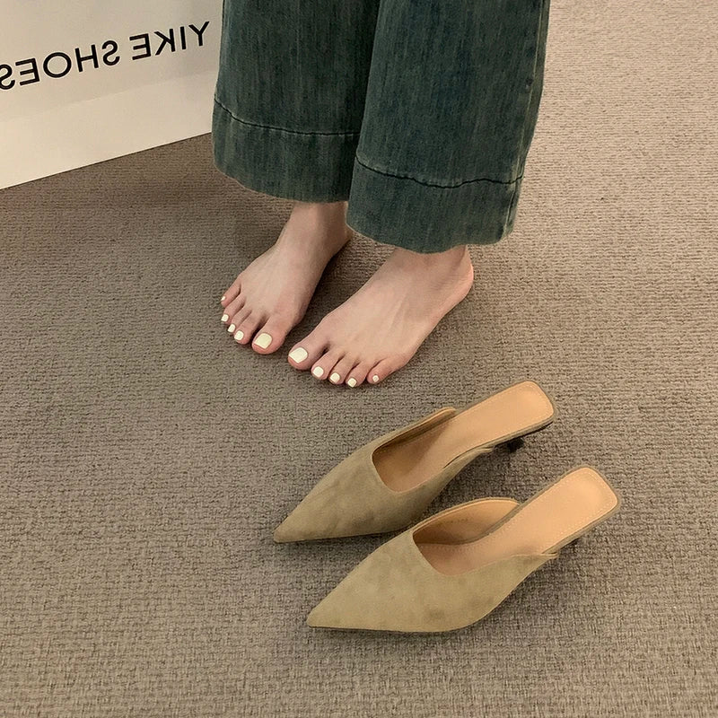Designer Pointed Toe Mules Fashion Shallow Slip On Casual Low Heel Ladies Slides
