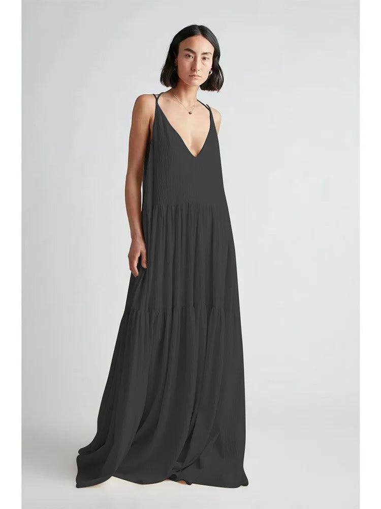 Summer Loose Dresses Casual Solid Pleat Irregular Long Spring Sexy Double V Neck Backless Hollow Dress. S-3X