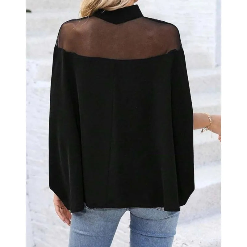 Women's Elegant Sheer Mesh Patchwork Mock Neck Top Loose Fit Casual Batwing Half Sleeve. S-1X