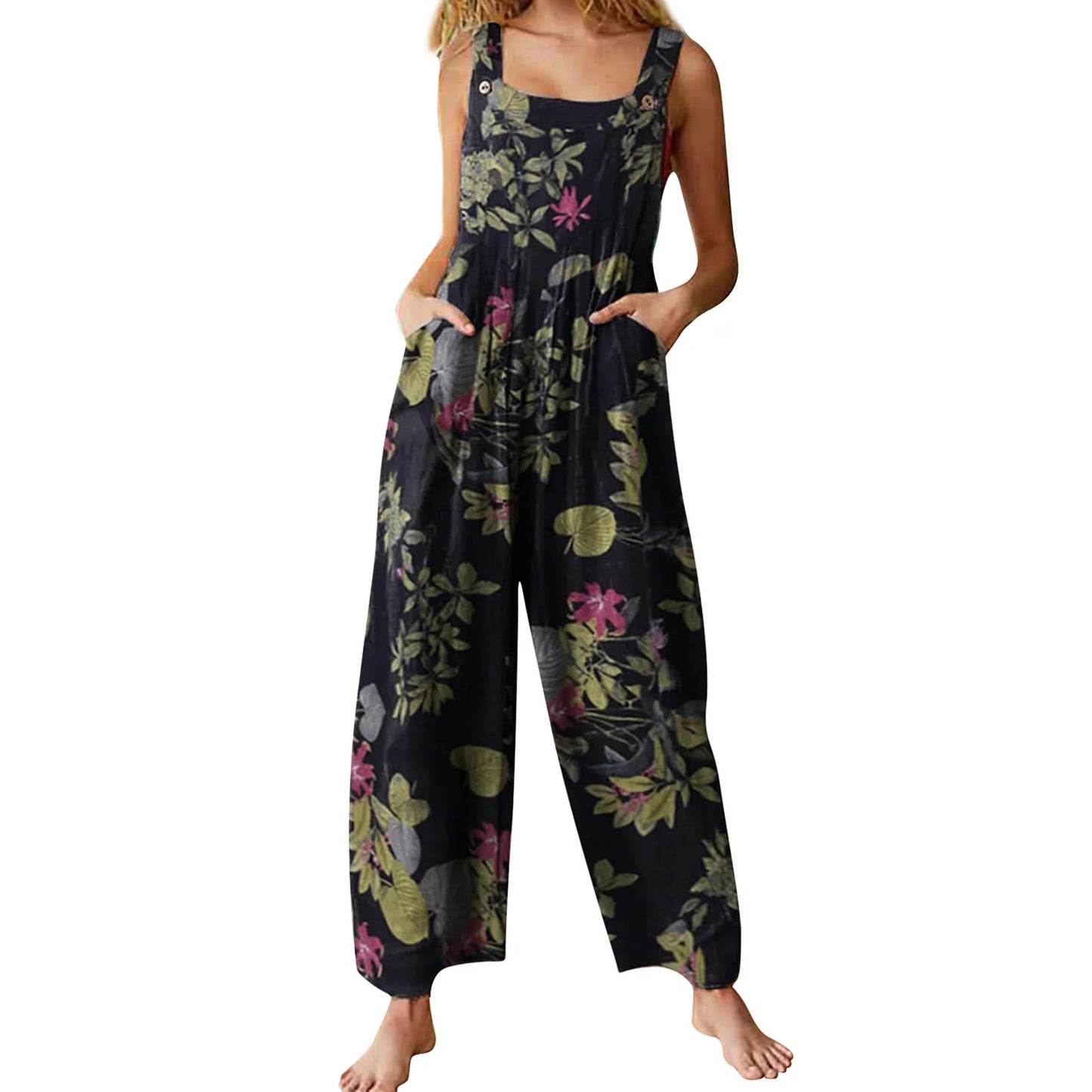 Ladies Vintage Leaf Floral Print Square Neck Sleeveless with Pockets Sizes S-5XL