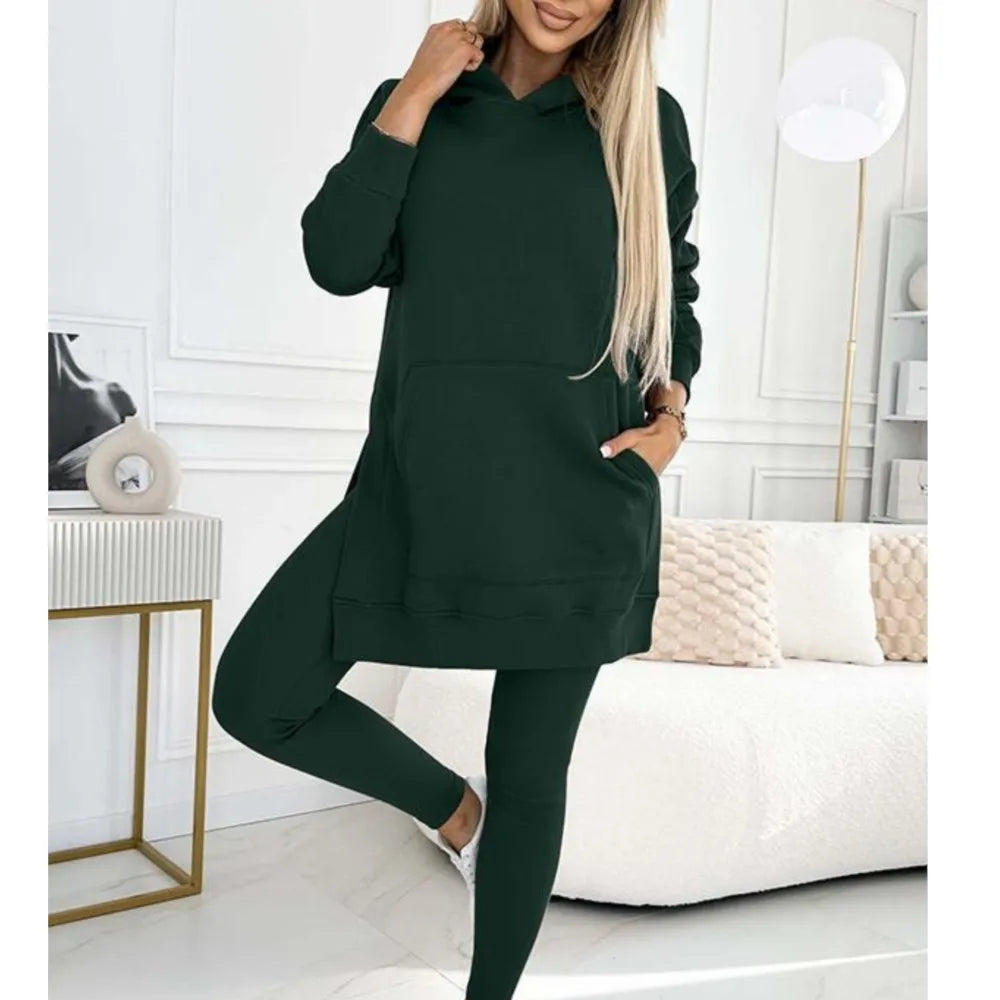 New Casual Hoodie Women's Solid Colour Simple Fashion Pocket Thick Thread Casual Leggings 2 Piece Set. S-3x
