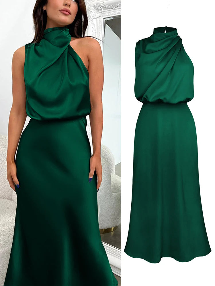 Summer High-End Silk Satin Long Dress Women Fashion Elegant Celebrity Evening Dress. S-XL