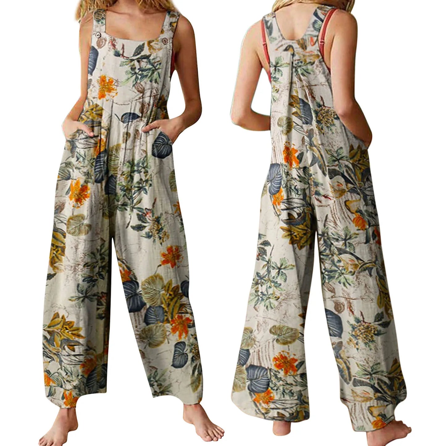 Ladies Vintage Leaf Floral Print Square Neck Sleeveless with Pockets Sizes S-5XL