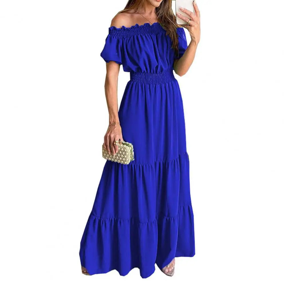 Women Dress Solid Puff Short Sleeves Elastic Waist Casual A-Line High-Waist Off Shoulder Maxi Dress.