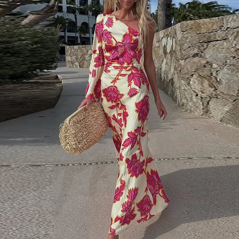 Fashion Floral Printed Holiday /Party Dress 2025 Women Elegant Long Dress Sexy One Shoulder Dress. Vestidos S-XL