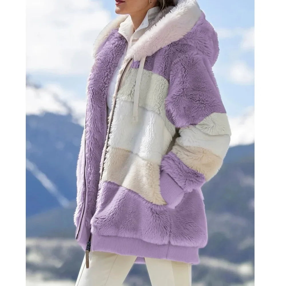 Fashionable Women's Hooded Zipper Spliced Thick Cashmere Plaid Jacket. Sz S-5XL