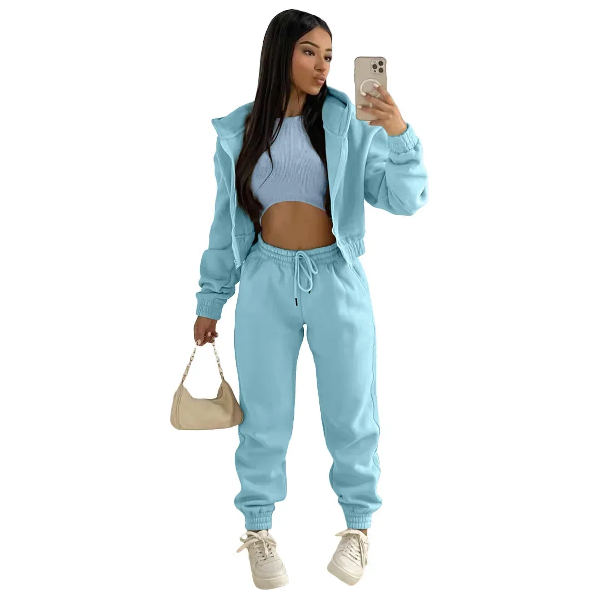 3pcs Women's Clothing Set Fleece-lined Hooded Sweater & Sleeveless Tank Top & Sweatpants Pants. S-2x