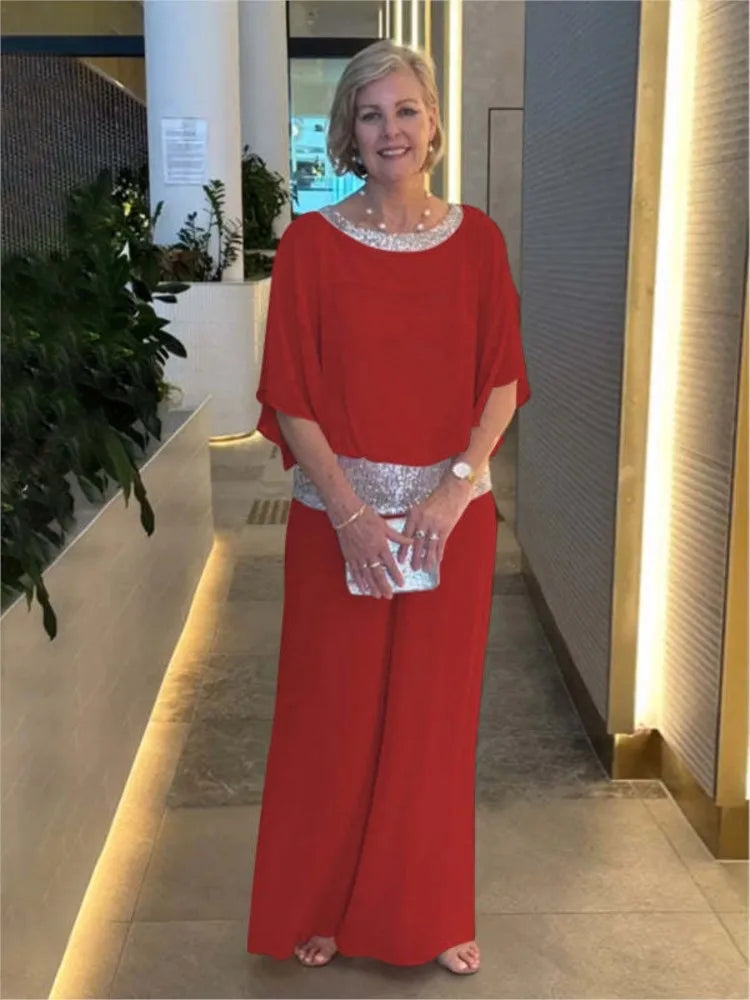 Fashion Sequin Splicing Chiffon Bat Wing Short Sleeved Blouse Wide Leg Pants Elegant 2 Piece Set. S-3xL