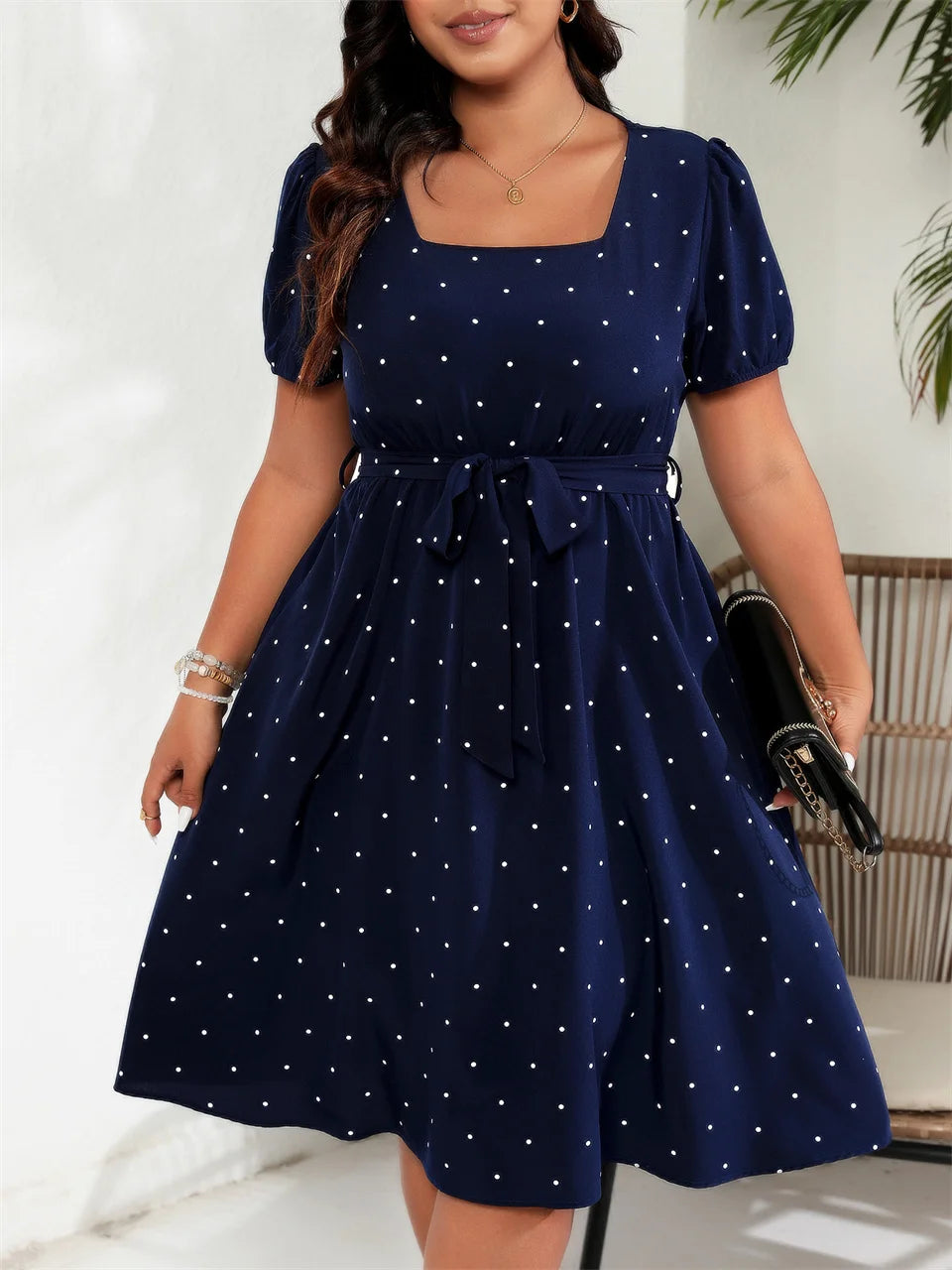 Plus Size Square Neck Polka Dot Belted Dress Women's Elegant High Waist Summer A-line Dress