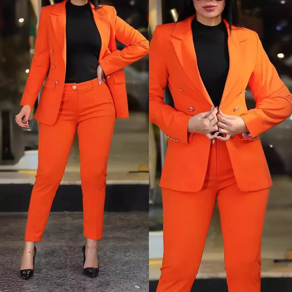 2pcs Women Clothing Set Long Sleeve Blazer Jacket & High Waist Pencil Pants Solid Colour. S-2x