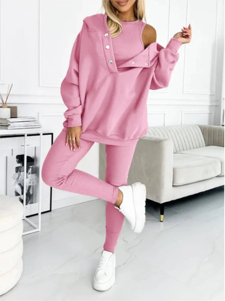 Women Hooded Long-sleeve Pocket Pullover 3-piece Hoodie Vest Pants Set Soft Thick Warm Sweatsuit . Sz: S-3X