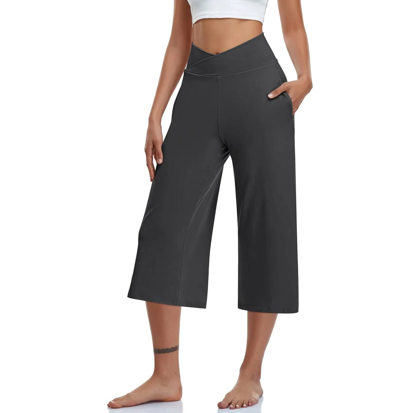 Spring and Summer Women Elastic High Waist 3/4 Pant Solid Casual Active Fit Wide Capri Leg Trousers With Pockets. S-3X