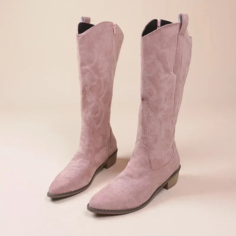Embroidered Western Cowboy Boots for Women Pointed Toe Thick Heel High Knee Boots. Botas Mujer