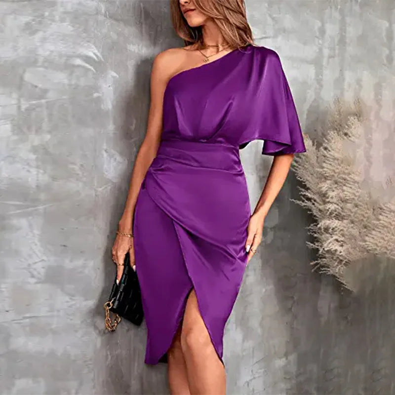 Spring Summer Sexy Dress Irregular Party Women's Satin Blend Solid Diagonal Collar Dress. S-2X