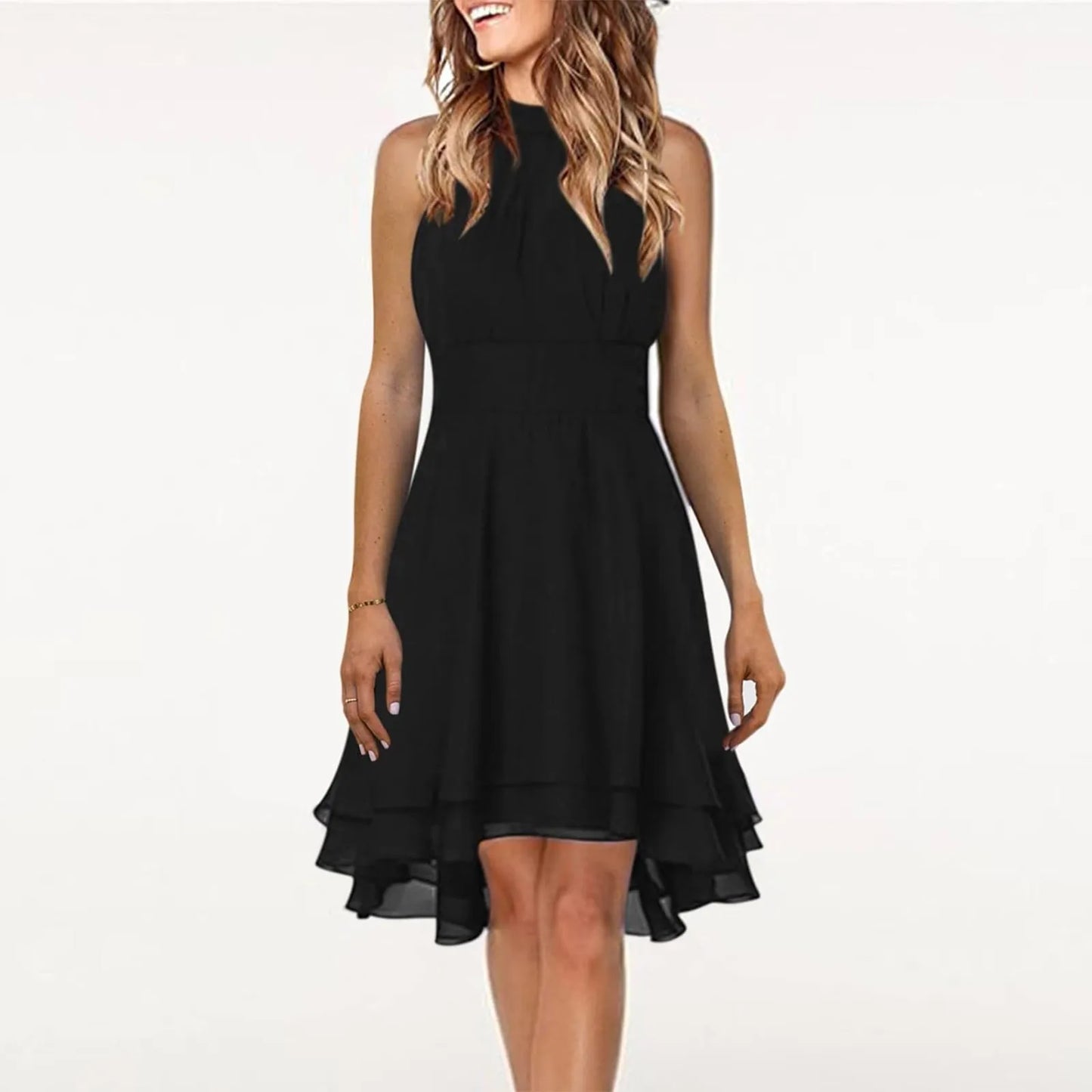 Summer Elegant Women Dress High Waist Sexy Layered Solid Halter Casual Sleeveless Party Dress. S-3X