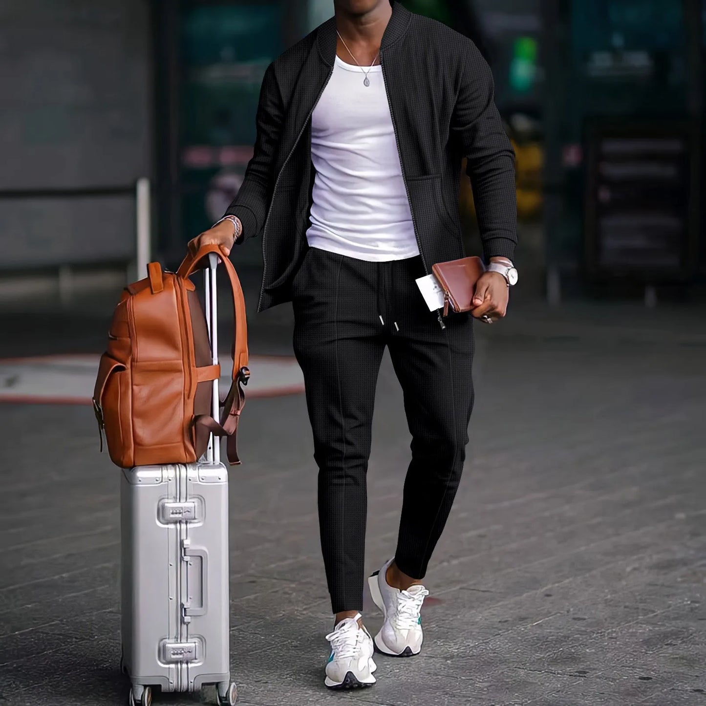 2025 new spring and autumn men stand collar solid color baseball casual Waffle full pants two piece men's suit. SZ: S-3X