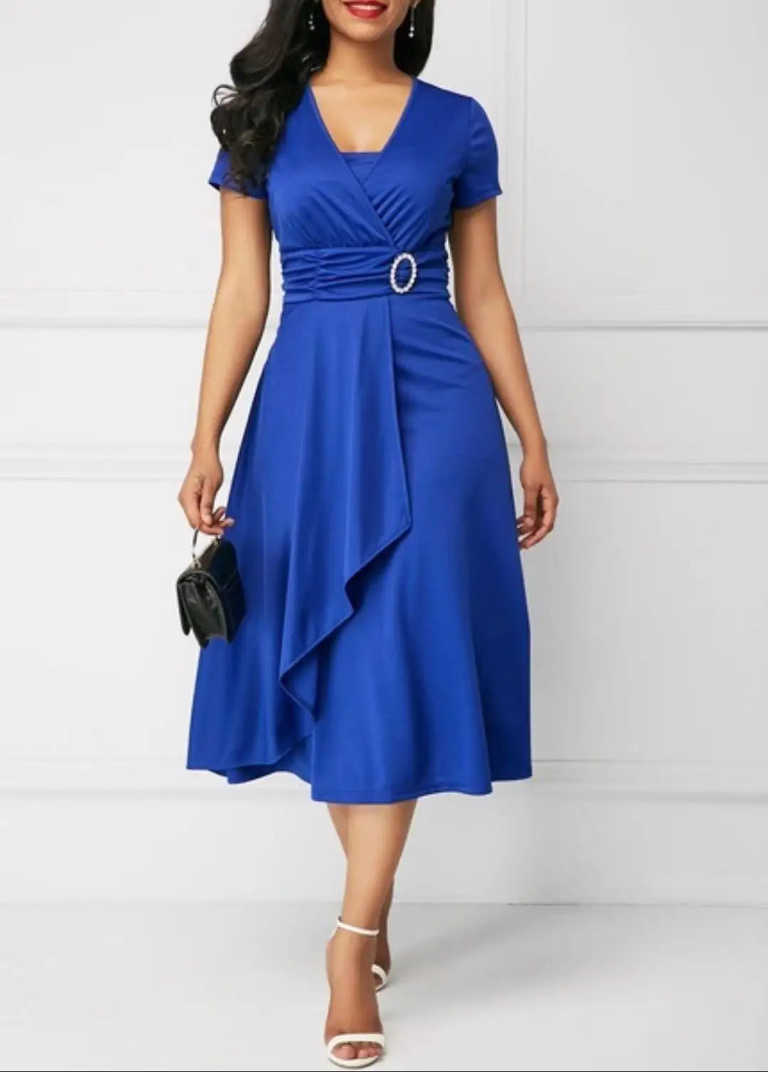 Elegant Women Solid Colour Short Sleeve V Neck Midi Party Dress. S-5X