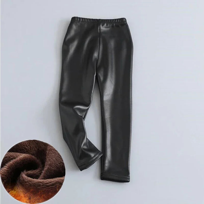 New Baby Girls Winter Leggings - Kids Thick Velvet Pencil Pants Warm Trousers Faux PU Leather Slim