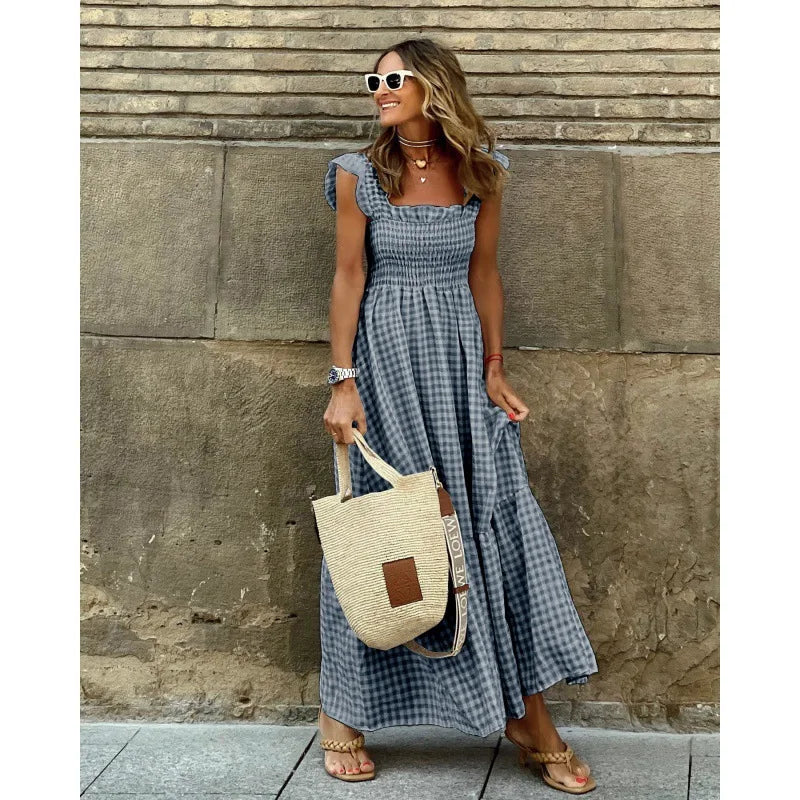 Luxury Ruffle Fly Sleeve Long Dress Square Neck Plaid Dress Casual Retro Beach /Holiday /Party. Vestidos S-3X