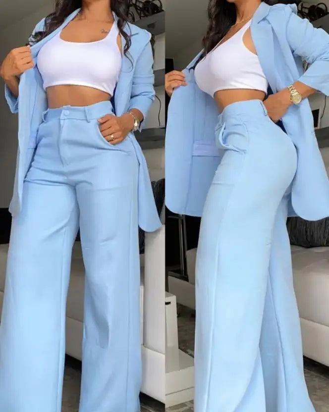 Ladies Elegant Blazer Set New Autumn Fashion Notched Collar Coat & Pocket Design Pants Set. S-2x