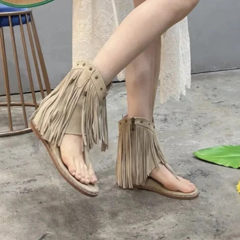 Studded Women's Low Heel Tassel Summer Roman Luxury Sandal
