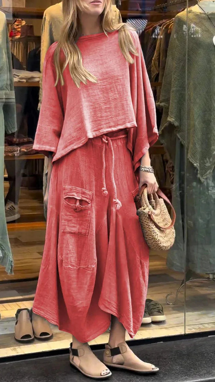 Casual Solid Cotton Linen 2 Piece Sets Women Spring O Neck Top Pullover Belted Skirt Outfit Fall 3/4 Sleeve Loose Suit. S-3x