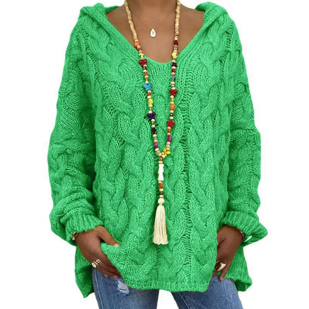 Hooded V-Neck Long Sleeves Twist Knitted Solid Colour Loose Sweater. S-3x