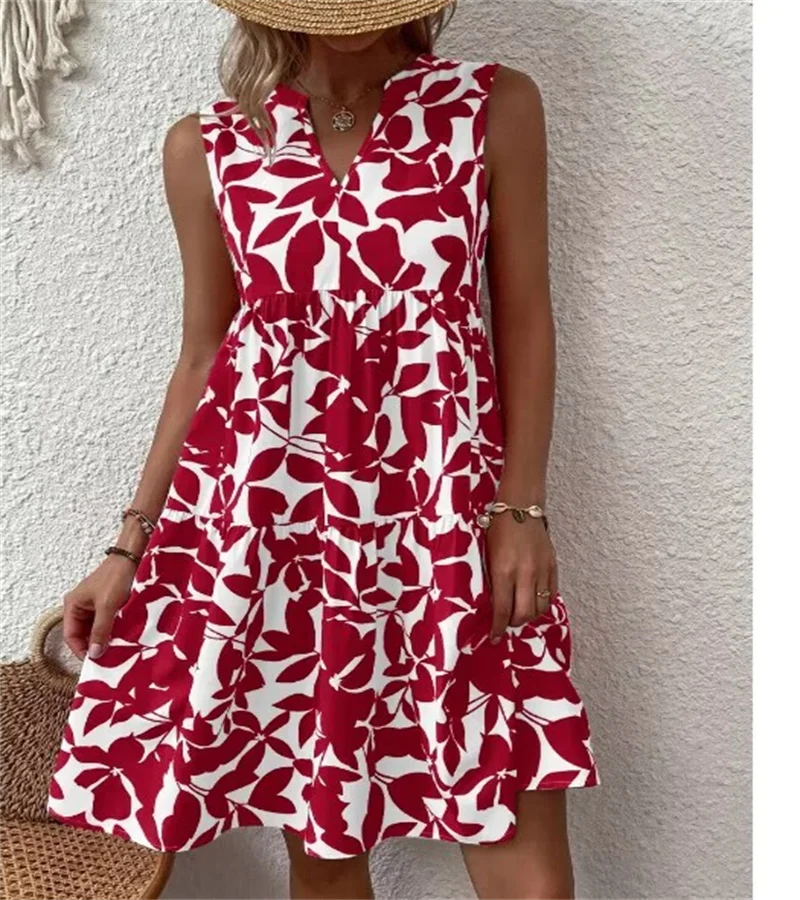 Spring and summer European Ladies Elegant Dress Bohemian fashion loose V-neck ruffle print dress. S-2X