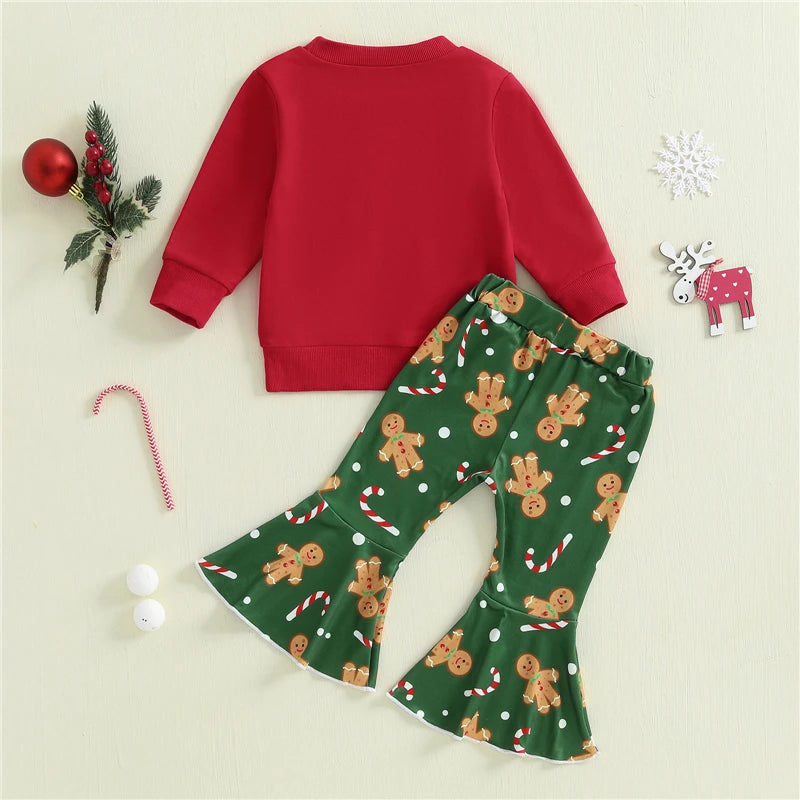 Kid Baby Girls Christmas Clothes Sets Children Long Sleeve O Neck Sweatshirt Tops Gingerbread Candy Cane Print Pants Sets