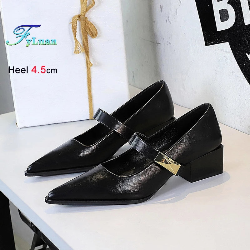 Retro Beautiful Italian Style 4.5cm Pumps Low Heeled Pointed Women Shallow Mouth Metal Buckle Pumps Thick Heel