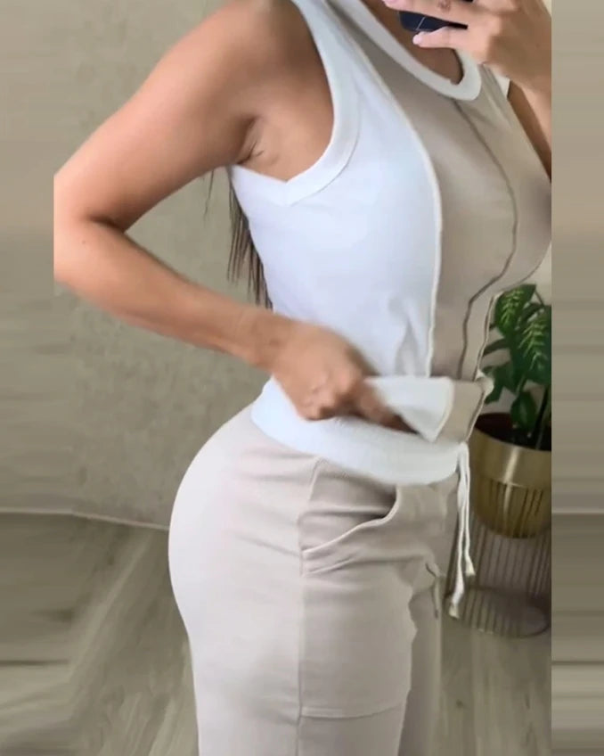New Fashion Two Piece Trousers Outfit Casual Colour block Ribbed Tank Top & Pocket Pants Set for Women