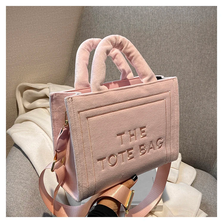 Women's Velour Tote Original Letter Print Square Stylish Soft Shoulder Bag
