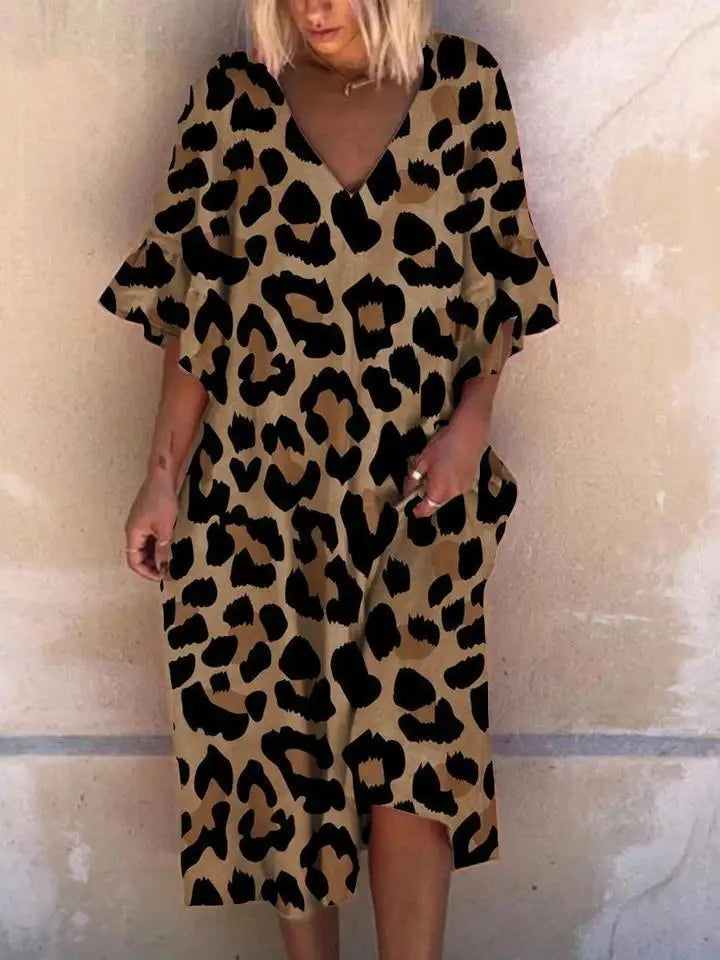 Fashion Leopard Print Dress Lady Casual Vintage V Neck Pullover Loose Dress. S-3x