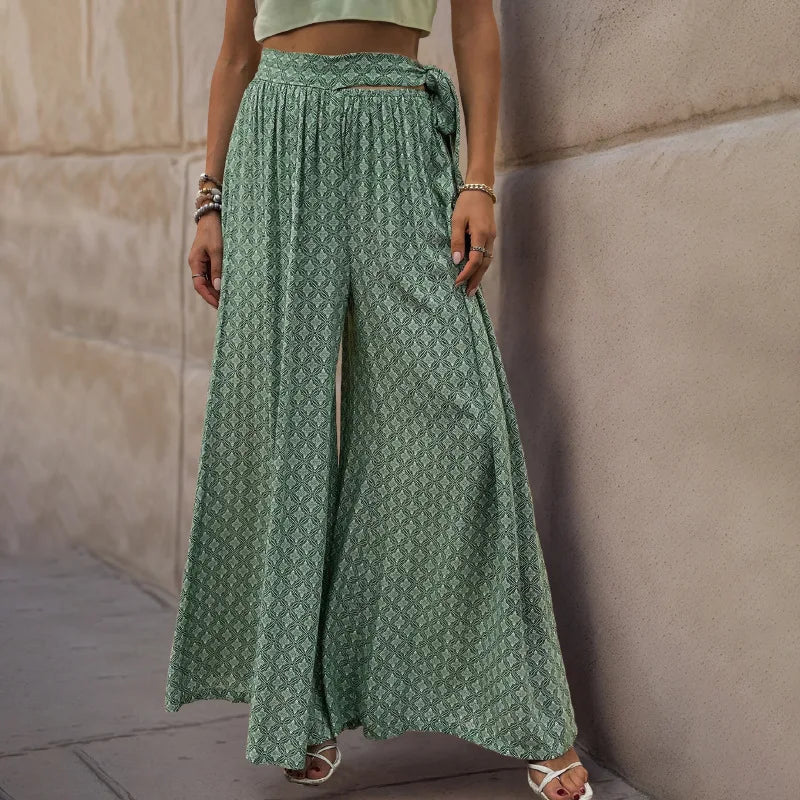 New Ladies Wide-leg Lace-up High-waist Casual Printed Trousers