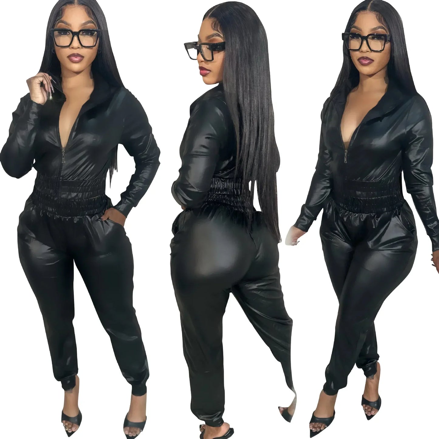 Women Hooded Pant Set Slim Fit Shirring PU Leather. S-2x
