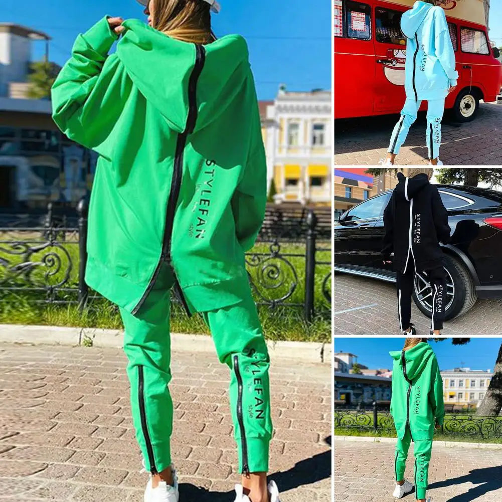 Ladies Casual Two Piece Set Loose Fit Back Zipper Long Hoodie Pant Set Thin Sportswear Pullover Street Wear.