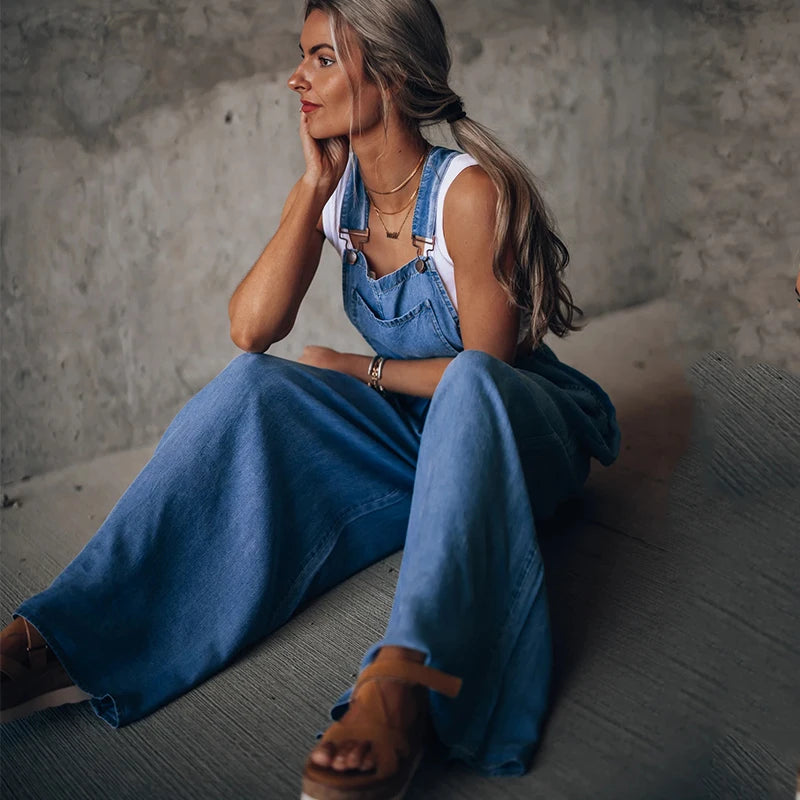 Summer Overalls For Women Blue Denim One-Piece Jumpsuits Loose Wide-Leg With Pocket High-Waist Jumpsuits