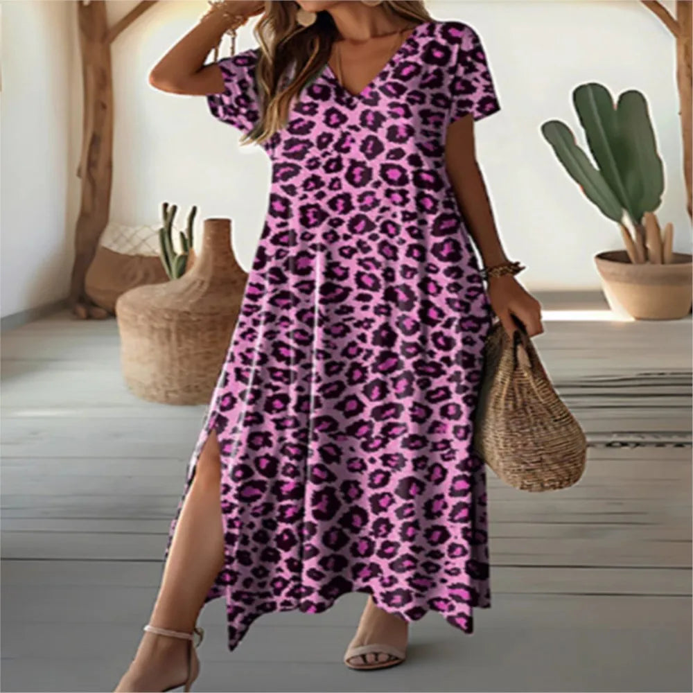 Casual Leopard Print Loose Long Dress Fashion V Neck Short Sleeve Maxi Elegant Dress. S-3X
