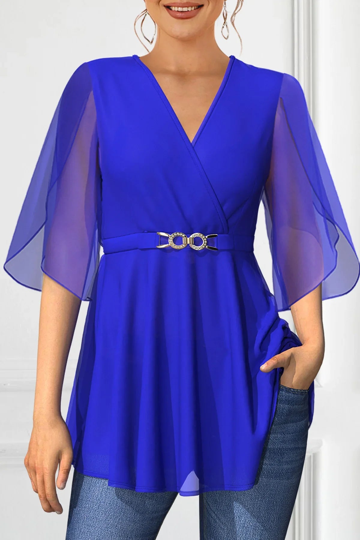 Flare Sleeve Chiffon V-neck Waist Cinched Short Sleeve Casual Blouse.