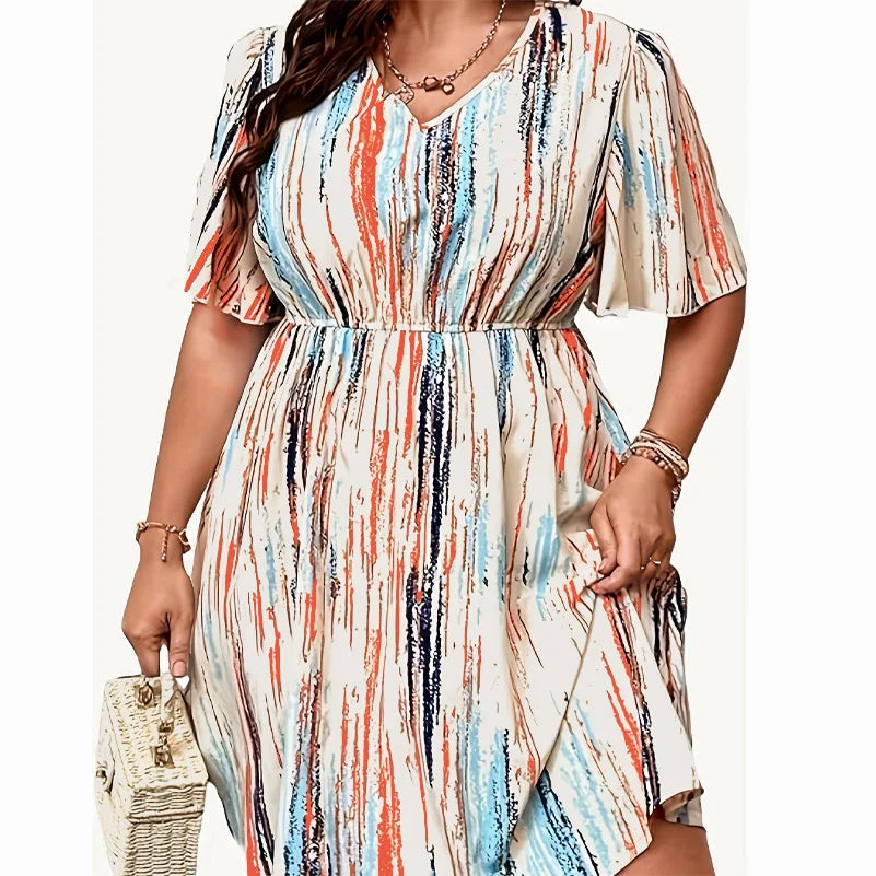 Plus Size Dress, Printed V-Neck Short-Sleeved Loose Fit, Elastic Waist, Casual Style Dress. 1X-5X