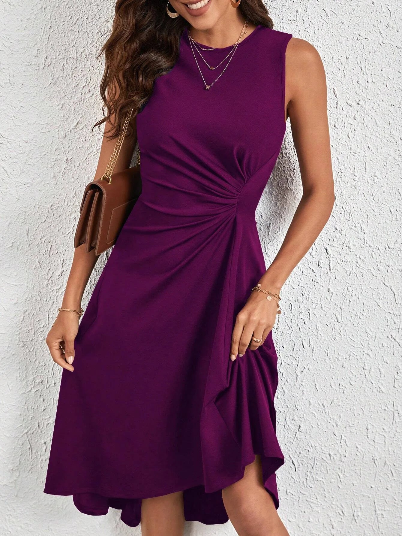 Women's Elegant Evening Dress Sexy Sleeveless Solid Colour O Neck Folds Waist Midi Dress Luxury Summer Party Cocktail Dress. S-XL