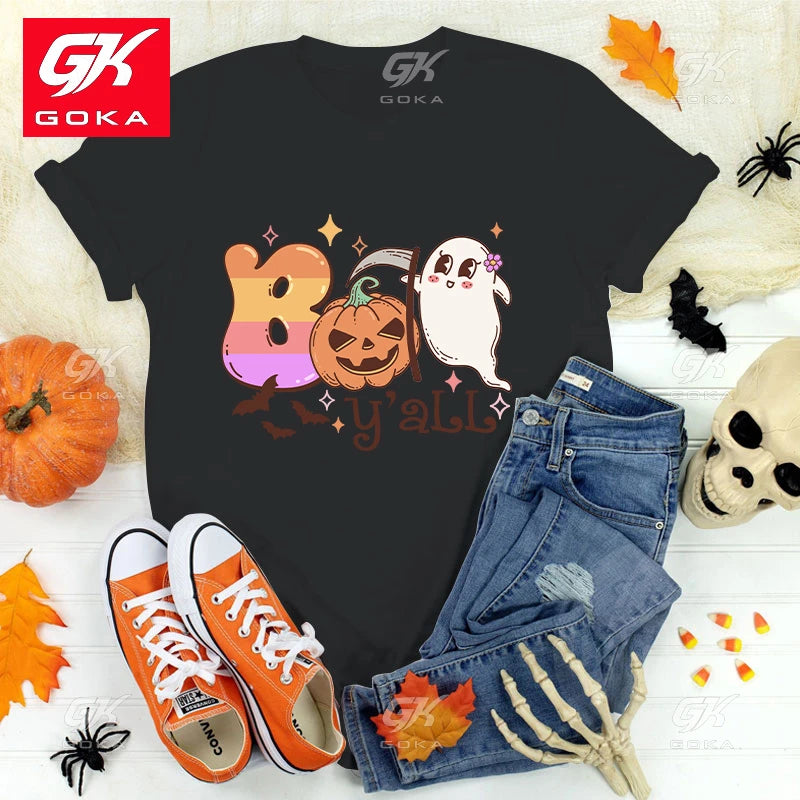 Premium Cotton T Shirt New Hot Halloween Boo Y'All T Shirts Fashion Women‘s Tee. S-3X