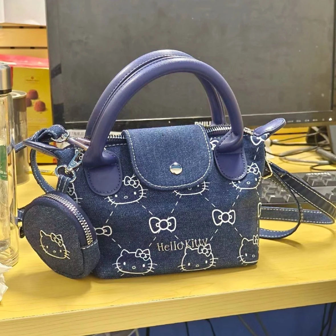 Sanrio Cute Hello Kitty Denim Handbag Cartoon Printed Cross body Bag .