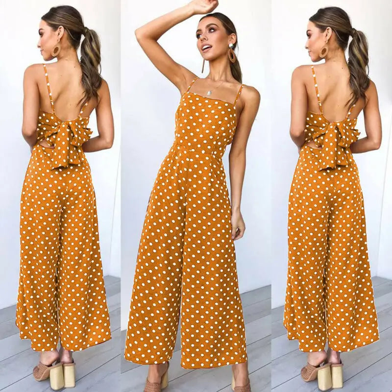 Women Elegant Sleeveless High Waist Summer Sexy Polka Dot Romper Loose Wide Leg Fashion