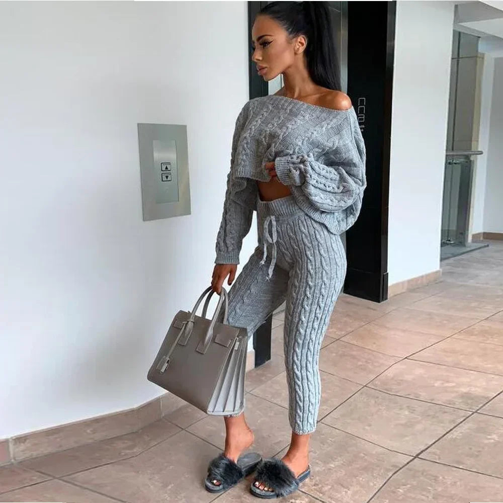 Ladies Comfy Two Piece Set Autumn and Winter Wear Pant Suit Solid Casual Knitted Sweater Set. S-3x