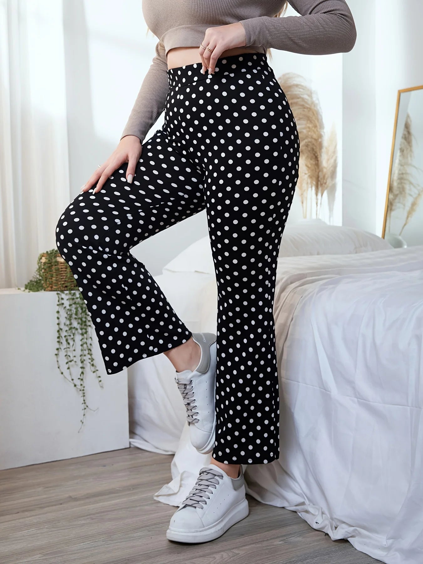 Women plus-size polka dot trousers wide leg pants